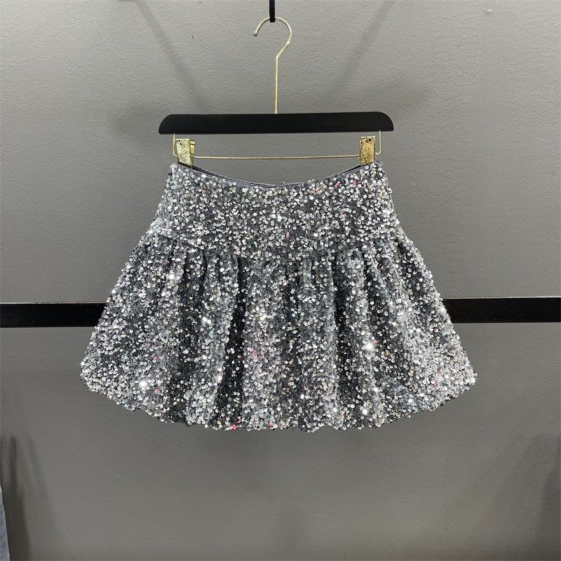 重工闪闪银色亮片半身裙女2024秋冬新款高腰显瘦辣妹A字蓬蓬短裙,女装/女士精品,半身裙,淘宝优惠券,粉丝福利购,淘宝优惠卷