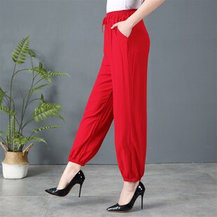女夏薄款 显瘦休闲百搭长裤 裤 束脚灯笼裤 子2024夏季 红色棉麻运动裤