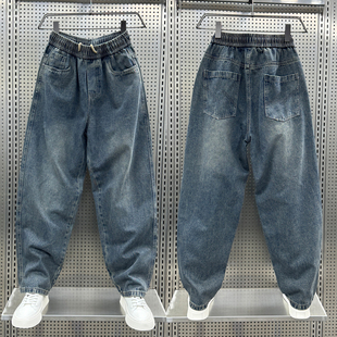 做旧加绒哈伦老爹裤 水洗宽松阔腿裤 男秋冬新款 潮流拼接直筒牛仔裤