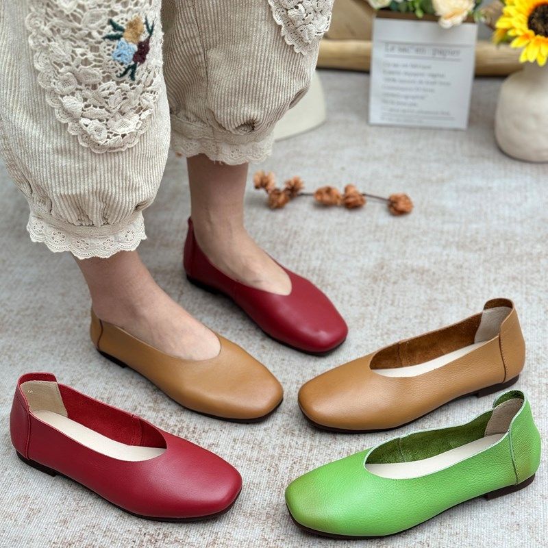 手工真皮浅口单鞋春夏新款复古一脚蹬懒人鞋平底圆头休闲妈妈鞋女,女鞋,浅口单鞋,淘宝优惠券,粉丝福利购,淘宝优惠卷