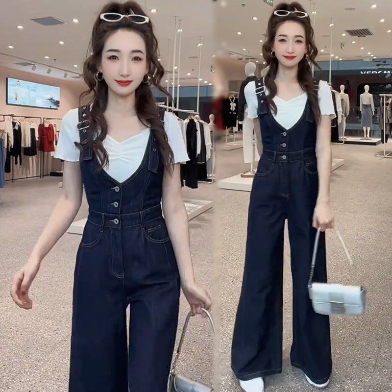 韩版时尚套装女2025夏季新款显瘦圆领短袖T恤牛仔背带裤两件套潮,女装/女士精品,时尚套装,淘宝优惠券,粉丝福利购,淘宝优惠卷