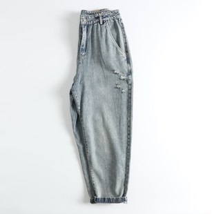 潮男休闲长裤 宽松老爹裤 日系复古做旧破洞水洗浅蓝牛仔裤 简约版