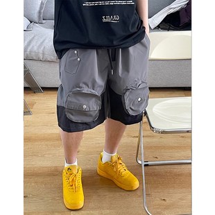 宽松沙滩裤 男撞色拼接五分裤 口袋松紧腰户外短裤 尼龙防水立体工装