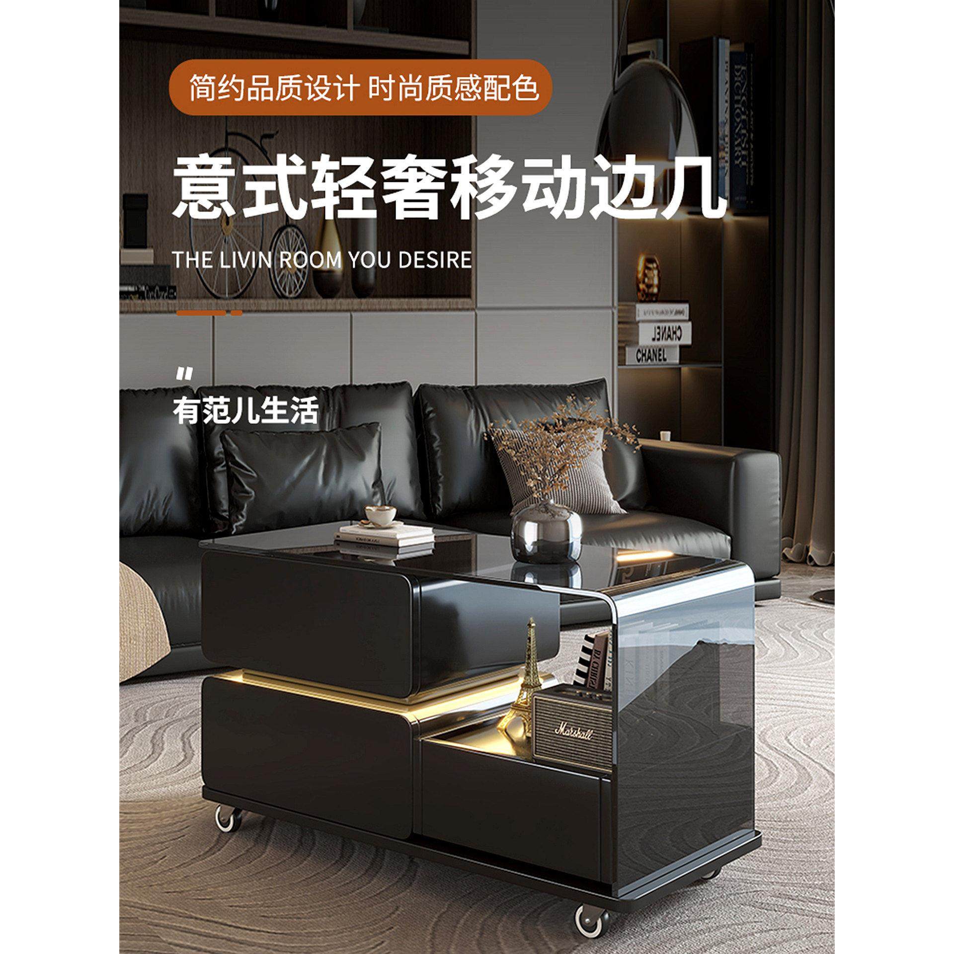 意式轻奢实木钢化玻璃边几可移动推车茶水柜小茶几沙发边柜餐边柜,住宅家具,移动边几/推车,淘宝优惠券,粉丝福利购,淘宝优惠卷