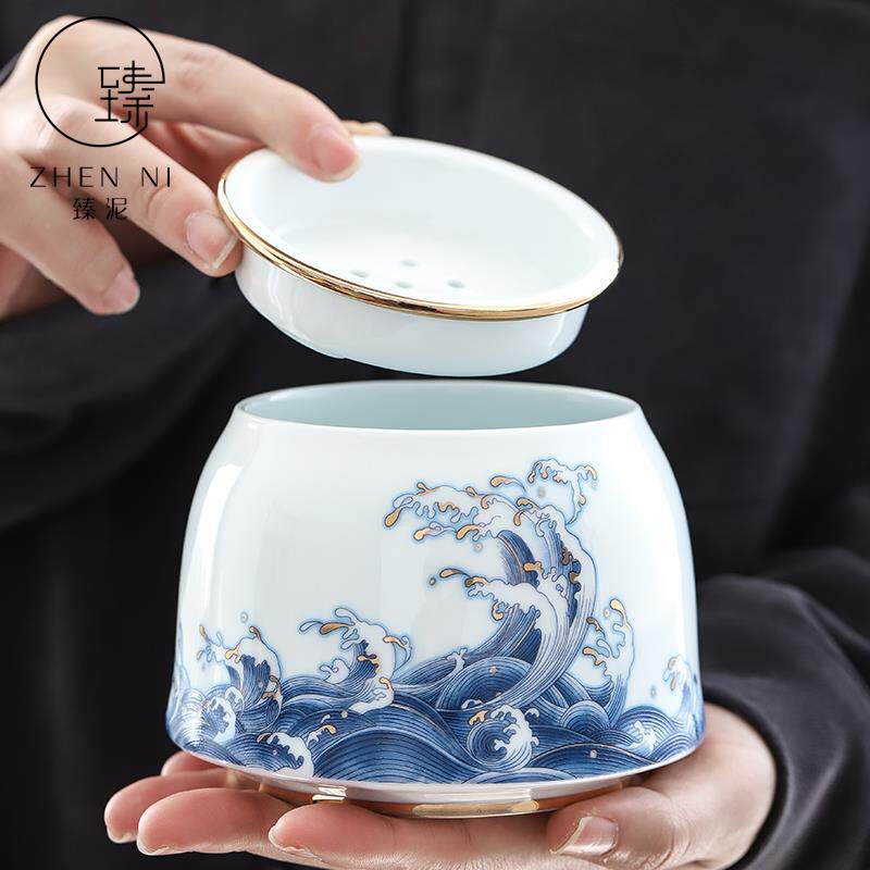 臻泥珐琅彩建水日式家用干泡功夫茶具配件陶瓷茶渣缸带盖杯洗水盂