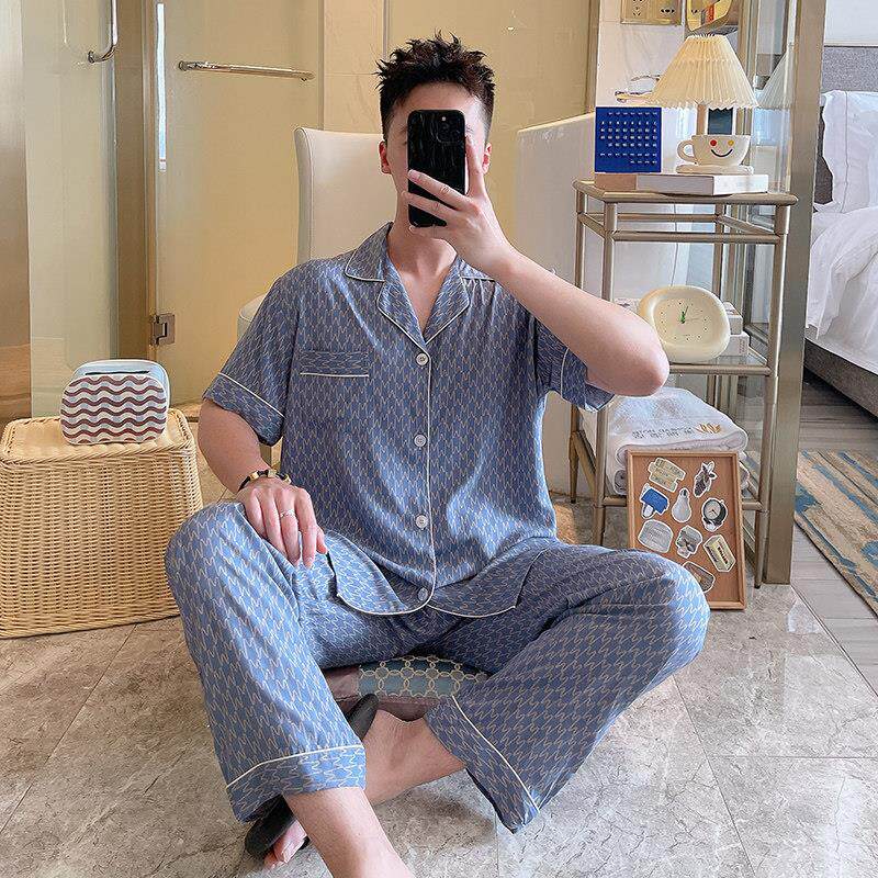 青少年睡衣男士夏季棉绸短袖长裤薄款青年开 衫翻领绵绸套装家居