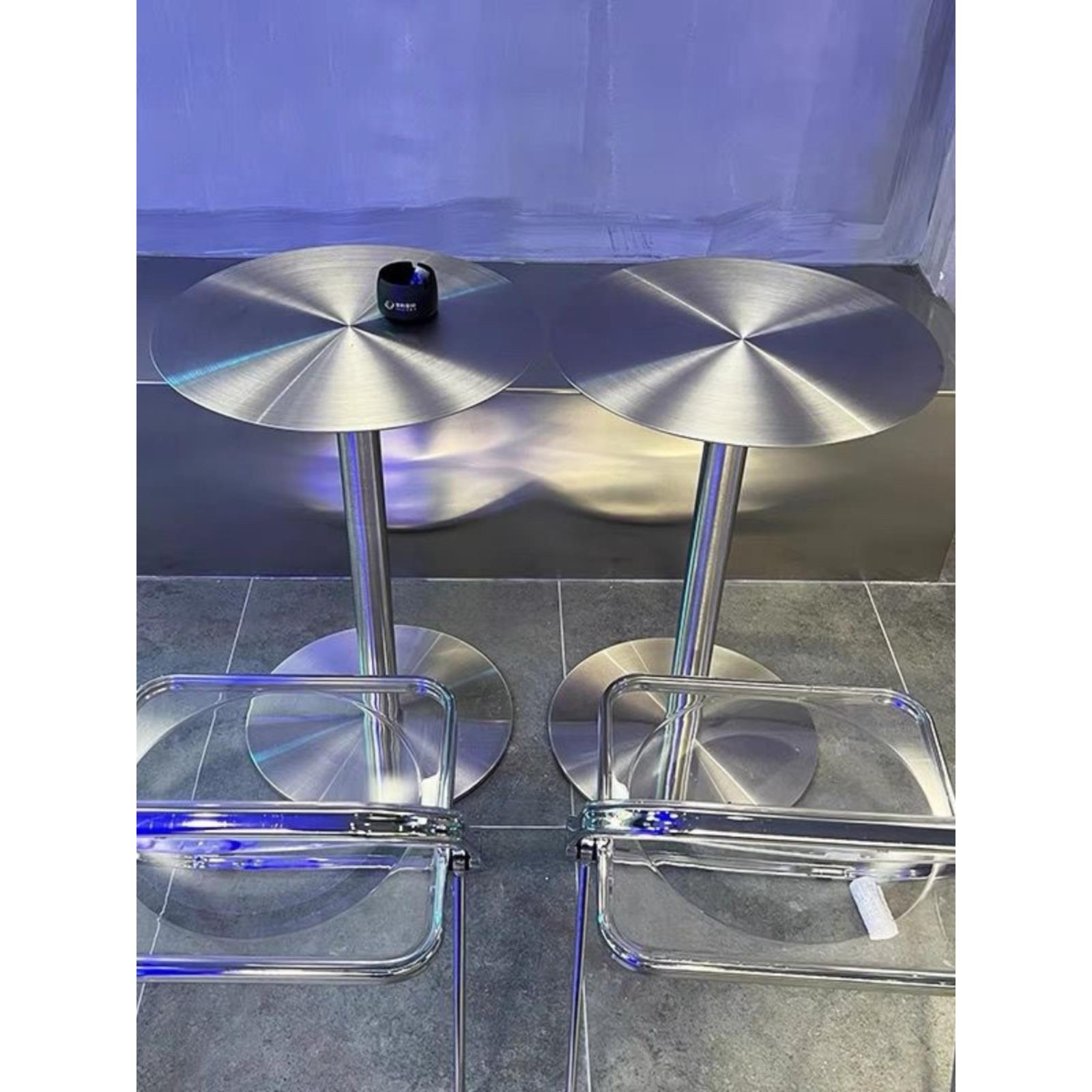 简约工业风咖啡桌网红奶茶店铁艺小圆桌现代不锈钢小桌子阳台茶几