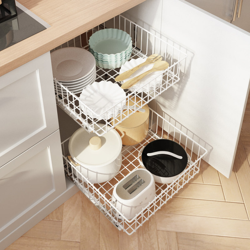 厨房橱柜网篮收纳筐改造diy拉篮抽拉滑轨抽屉式碗碟收纳置物架子
