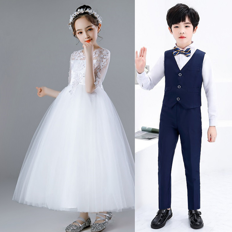 女童花童礼服白色小女孩公主长裙洋气幼儿园舞蹈小学生合唱团服装