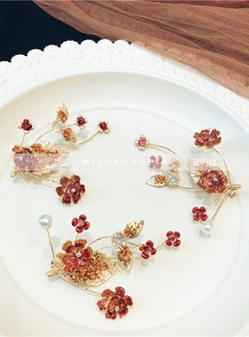 新款新娘红色头饰对夹橘色中式花朵侧边夹晚礼服晚宴礼服配饰