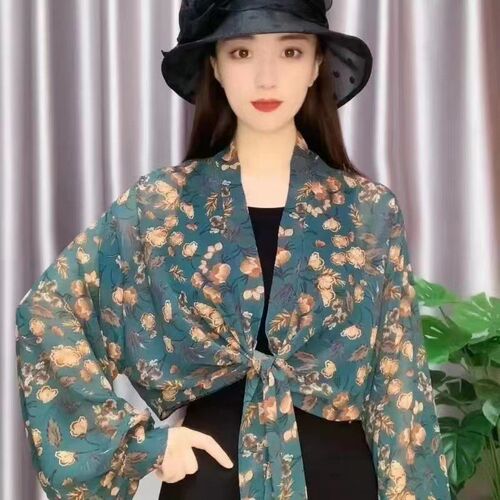 @2023夏季印j花雪纺空调开衫防晒小披肩配吊带裙子长袖百搭上衣外