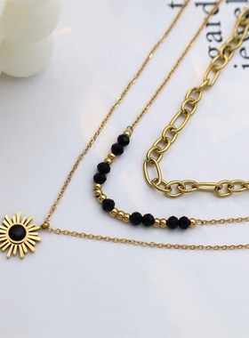 饰品个性轻奢三层黑色米珠太阳吊坠项链女百搭小众叠戴锁骨链