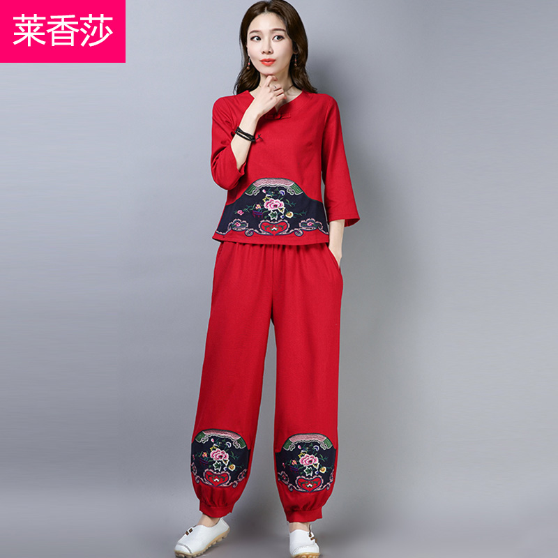 民族风春夏d装唐装套装女复古中国风宽松棉麻上衣阔腿裤亚麻两件