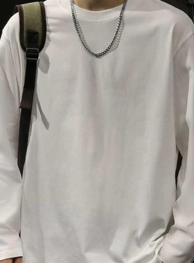 重磅纯棉320克白色长袖st恤男宽松春秋季圆领情侣上衣服打底衫卫