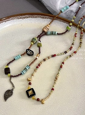 小众设计复古名族风撞色绿色树叶串珠锁骨链项链国风叠戴颈链配饰