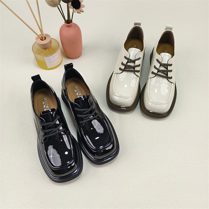 2024新款系带粗跟圆头休闲小皮鞋女I秋季英伦风真皮时尚深口单鞋