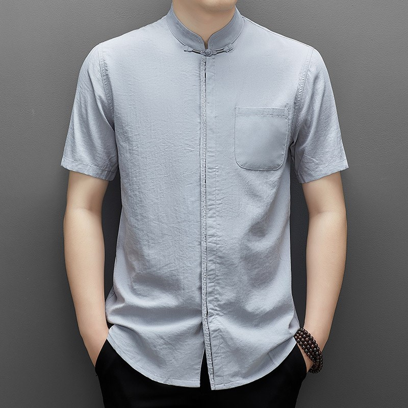 夏季立领唐装短袖衬衫男士潮流薄款中国风纯色真口袋休闲寸衫上衣