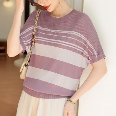 中年妈妈夏季短袖冰丝小衫两件套装中老年女夏装薄款针织T恤上衣