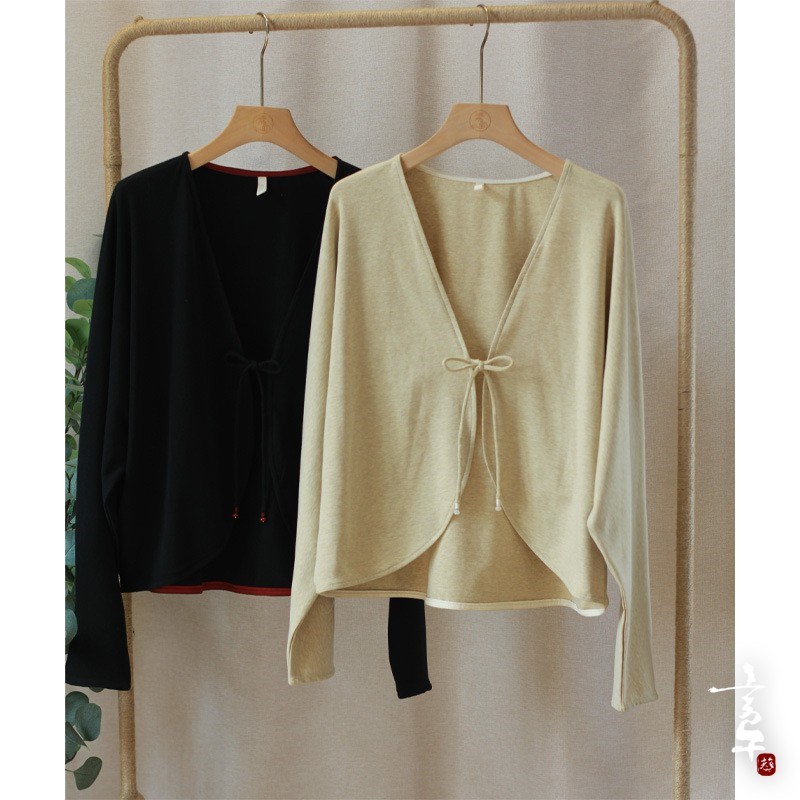 言午葵春款女式新l中式针织弹力外套系带宽松长袖搭配旗袍的小开