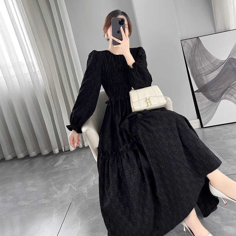 大码2024新款女装圆领长袖连衣裙胖mm高级感修身显瘦气质长款裙子