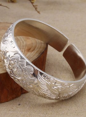 宽银手镯老式熟真999纯银手工定做订制年轻女士宽版面款时尚扁园