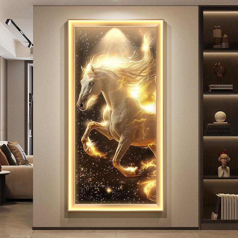 骏马到成功玄关装饰画入户门正对墙发光挂画轻奢抽象走廊带灯壁画