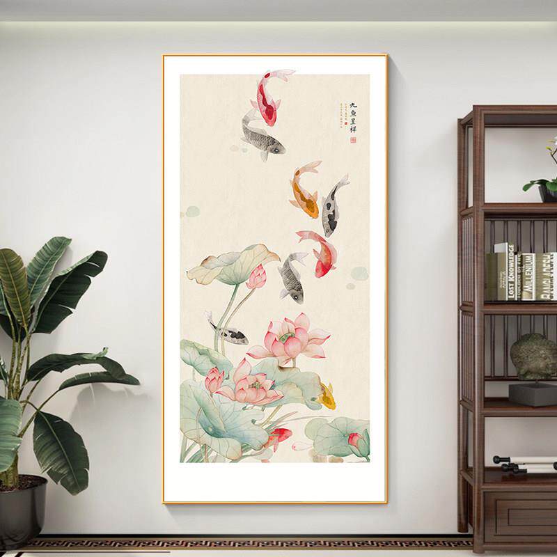 聚财九鱼图玄关荷花入户挂画新中式水墨装饰画牡丹图走廊书房壁画