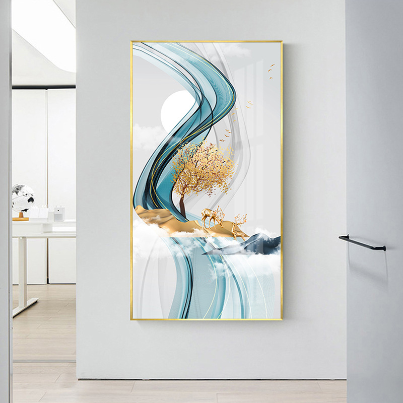 现代简约抽象艺术玄关装饰画w 竖版金色麋鹿挂画线条酒店走廊壁画图片
