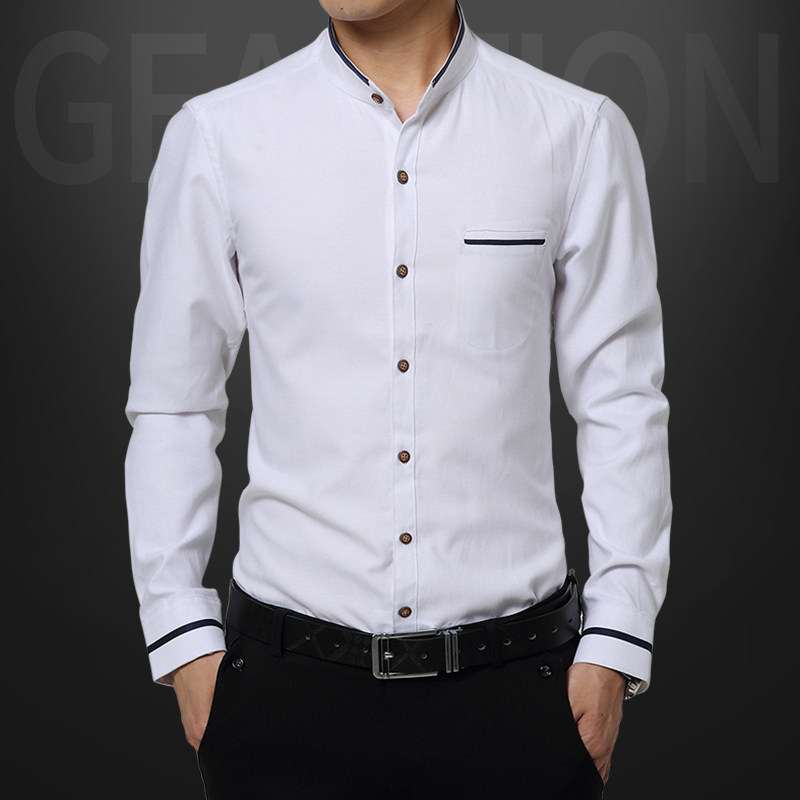 灰色小立领衬衫男长袖韩版商务正装圆领J村衫加厚保暖休闲西装衬