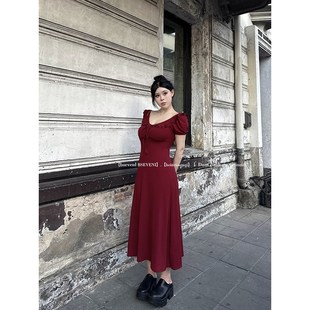 黑泽玄七c连衣裙2024夏季新款红色微胖收腰显瘦领口绑带a字长裙女