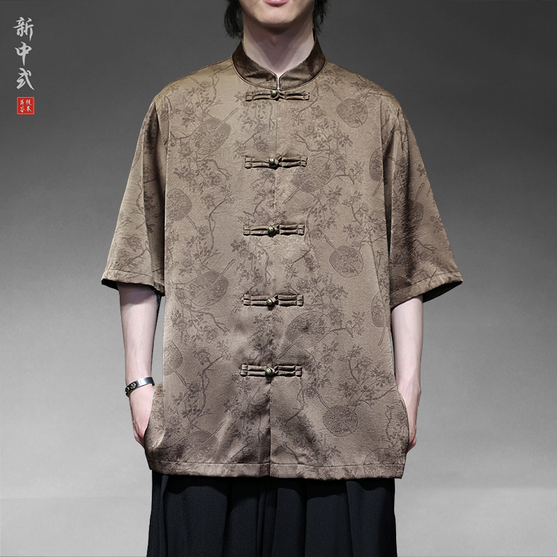 新中式薄款冰丝垂感唐装短袖衬衫复古风男士盘扣宽松大码半袖上衣