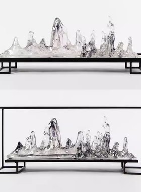 新中式玄关水墨假山摆件样板房A售楼部软装客厅博古架展示台装饰