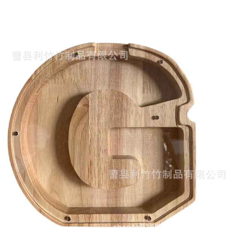 木质存钱罐橡胶木储蓄罐英文字母透明存钱罐木质创意家居装饰摆件