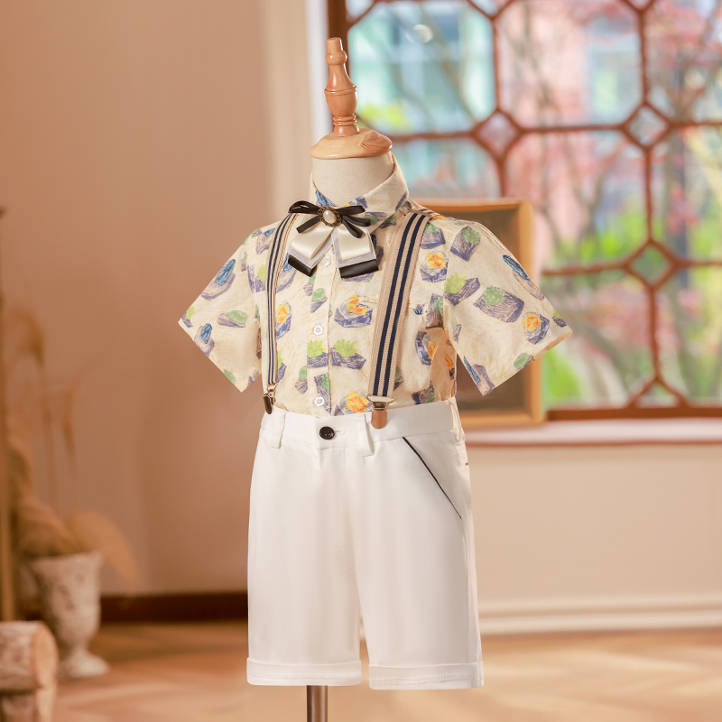 儿童西装套装夏季背带礼服男童短袖衬衫帅气花童生日X主持人演出