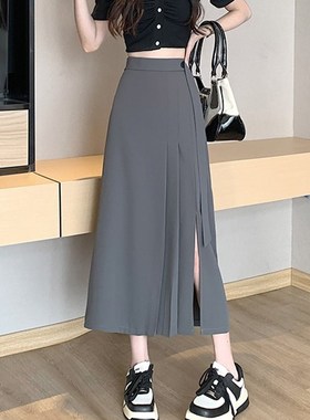 灰色大码半身裙春秋高级感气质西装裙高腰胖Lmm开叉长裙a字百褶裙