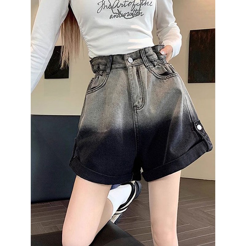 300斤大码女装复古撞色牛v仔短裤女夏季卷边裤子胖mm显瘦百搭热裤