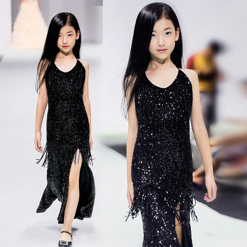 女童黑色礼服高端轻奢小众女孩拉丁舞开叉鱼尾裙模特走秀演出服潮图片