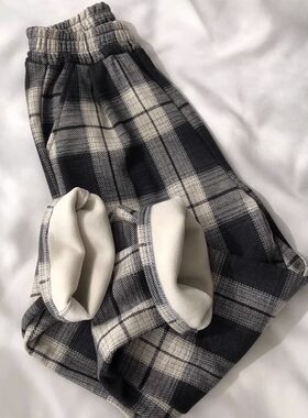 胖MM特大码300斤o格子卫裤女秋冬加绒加厚哈伦裤宽松高腰直筒裤子