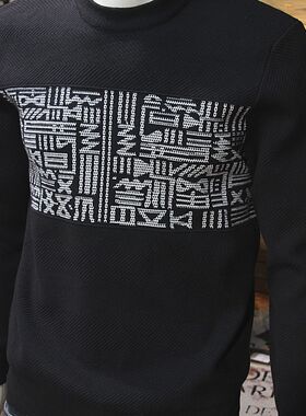 民族风拼接撞色男针织毛衣秋冬圆领修J身时尚保暖男针织衫毛线衣