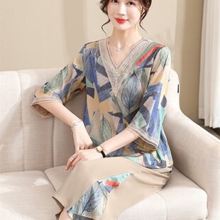 母亲节妈a妈夏装洋气减龄新款套装中老年妈妈雪纺上衣宽松阔腿裤X