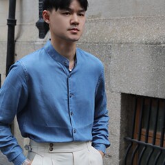 [两色]复古新中式立领时尚修身文艺抗皱简约牛仔色X春日衬衫男款
