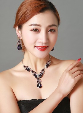 韩式水晶项链耳环饰品套装夸张毛衣链锁骨链宴会小礼服配饰装饰链