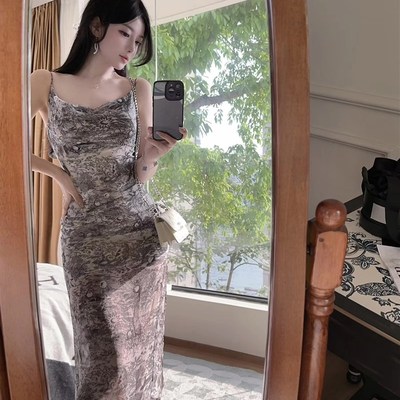 水墨月光 法式印花荡领吊带连衣裙新H款夏收腰显瘦露肩薄款长裙