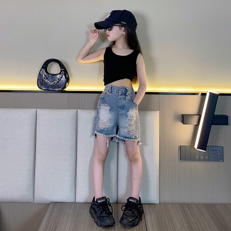 女童大破洞水洗牛仔五分裤中裤韩系潮G酷童装夏R装儿童短裤薄款宽