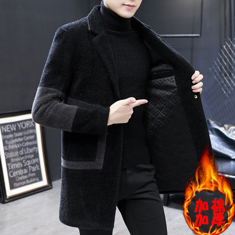 潮牌翻领毛呢g大衣男修身帅气加厚中长版夹克冬季保暖韩版呢子外