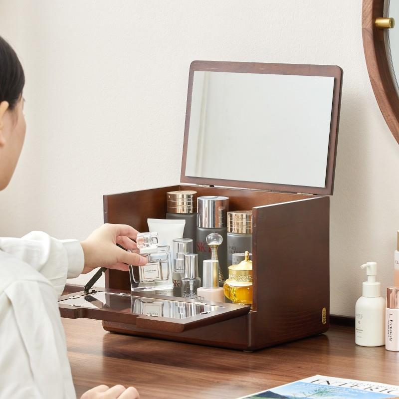 化妆品收纳盒木质头带镜子一体桌面梳妆台护肤品台面抽屉式收纳柜