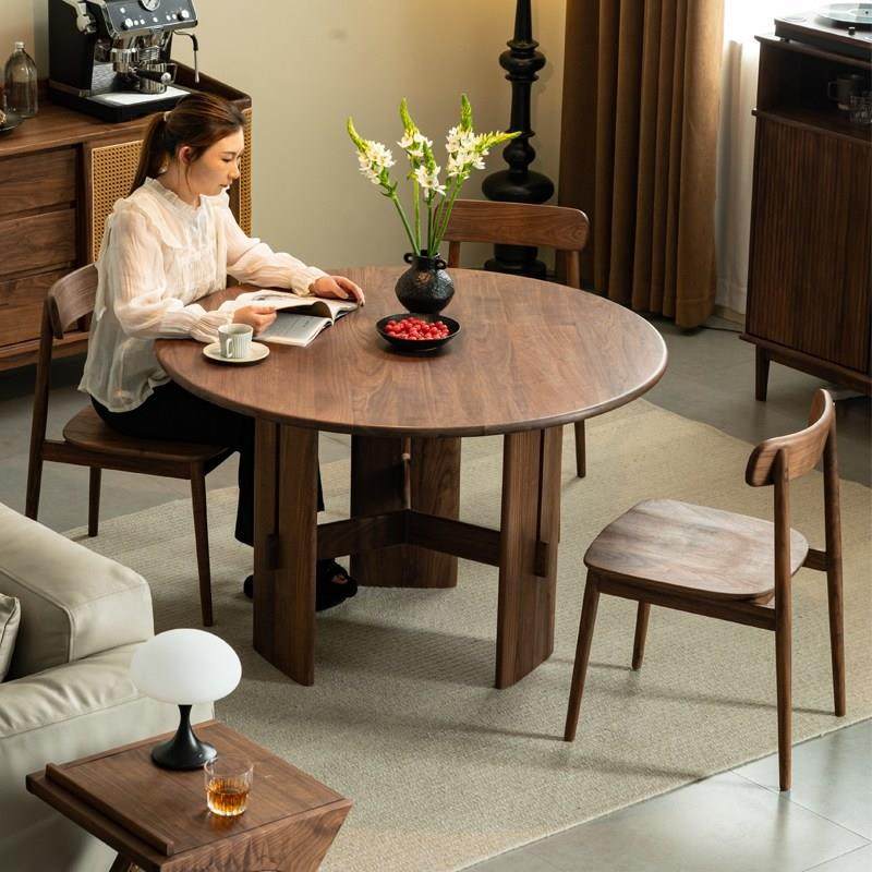 北美进口黑胡桃圆桌中小户型家用圆餐桌覆古原木岩板餐饭桌洽谈桌