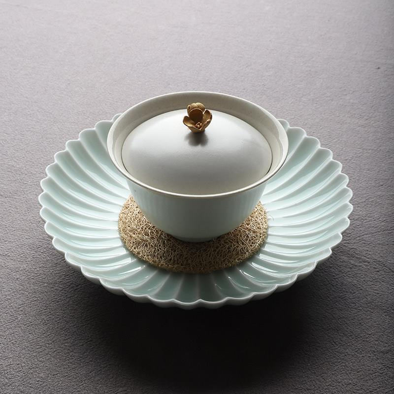 挑雪文人茶器陶瓷干泡壶承雍正菊瓣盘茶承干泡台紫砂茶具茶承影青