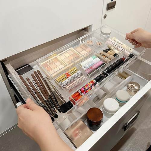 深抽屉上下分层收纳盒内置分隔化妆品整理盒可伸缩悬挂抽屉置物架