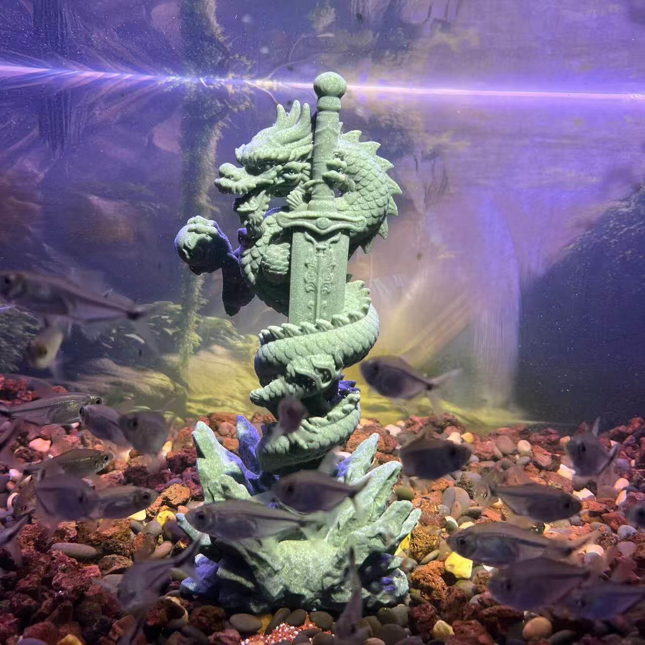 盘龙剑鱼缸造景 青砂石水族摆件 剑池神剑微景观兵器造景桌面送礼